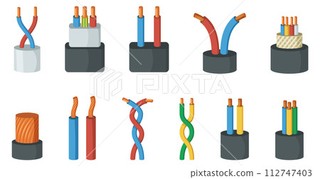 Electric wire connection icon set. Cable network element 112747403