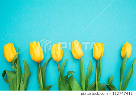 Hello Spring. Six yellow tulips on a blue background. Flat lay. Copy space. Easter and March 8th Hello Spring. Six yellow tulips on a blue background. Flat lay. Copy space. Easter and March 8th 112747411