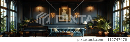 AI-generated content. Classical music room with grand pianos and velvet seating3D render 112747476