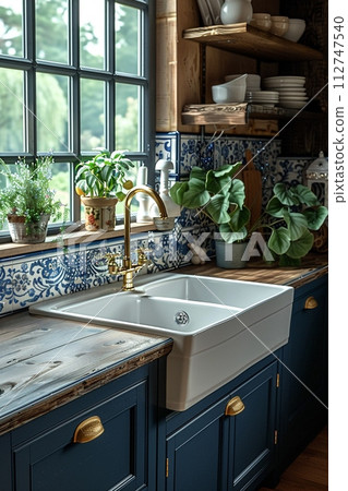 AI-generated content. Classic French country kitchen with blue and white porcelain and farmhouse sink3D render 112747540