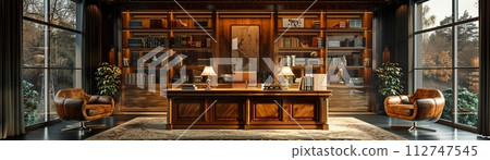 AI-generated content. Classic film noir-inspired office with vintage props and moody lighting3D render 112747545
