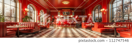 AI-generated content. Classic diner with a soda fountain and checkerboard floor3D render 112747546