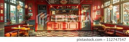 AI-generated content. Classic diner with a soda fountain and checkerboard floor3D render 112747547