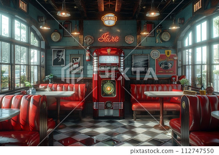 AI-generated content. Classic American diner with red leather booths and a jukebox3D render AI-generated content. Classic American diner with red leather booths and a jukebox3D render 112747550