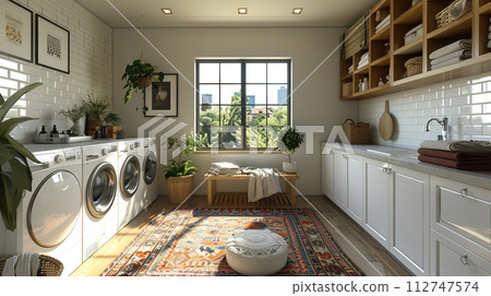 AI-generated content. Bright and functional laundry room with ample storage and folding space3D render AI-generated content. Bright and functional laundry room with ample storage and folding space3D render 112747574