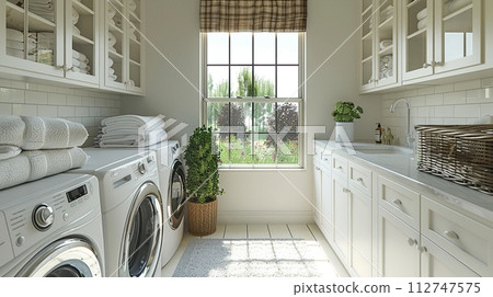 AI-generated content. Bright and functional laundry room with ample storage and folding space3D render AI-generated content. Bright and functional laundry room with ample storage and folding space3D render 112747575