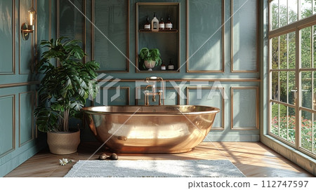 AI-generated content. Boutique hotel bathroom with freestanding copper bathtub and luxury amenities.3D render 112747597
