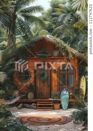 AI-generated content. Bohemian beach hut with colorful fabrics hammocks 112747620