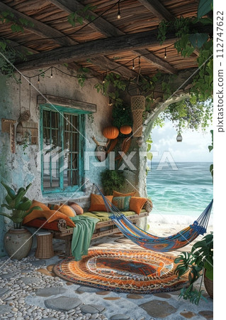 AI-generated content. Bohemian beach hut with colorful fabrics hammocks AI-generated content. Bohemian beach hut with colorful fabrics hammocks 112747622