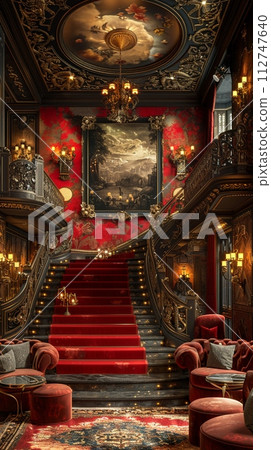 AI-generated content. Art Deco cinema with plush velvet seats and ornate detailing.3D render 112747640