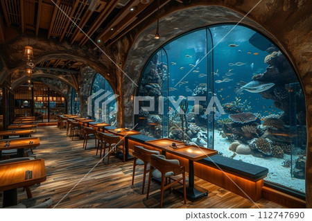 AI-generated content. Underwater-themed restaurant with aquarium walls and marine decor 112747690