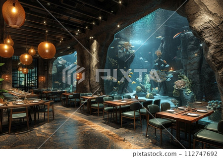 AI-generated content. Underwater-themed restaurant with aquarium walls and marine decor 112747692