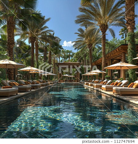 AI-generated content. Tropical resort pool area with cabanas and a swim-up bar 112747694
