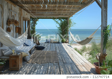 AI-generated content. Peaceful seaside retreat with breezy curtains and a hammock AI-generated content. Peaceful seaside retreat with breezy curtains and a hammock 112747714