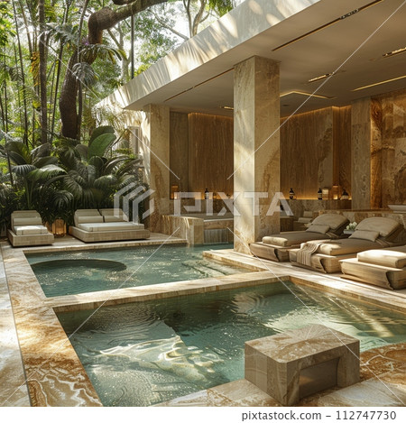 AI-generated content. Luxurious spa with a serene pool area and relaxation lounges 112747730
