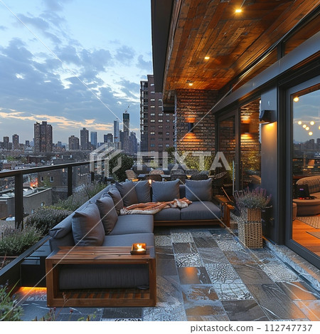 AI-generated content. Contemporary rooftop terrace with comfortable lounging areas and city views 112747737