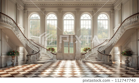 AI-generated content. Classic Georgian-style foyer with a grand staircase and detailed moldings 112747740
