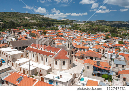 View of Omodos village and Timios Stavros Monastery. Limassol District, Cyprus 112747781