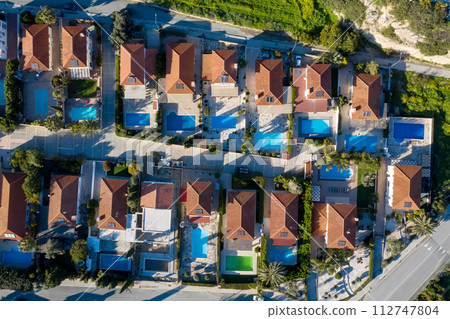 Overhead view of a neighborhood in Pissouri village. Limassol District, Cyprus 112747804