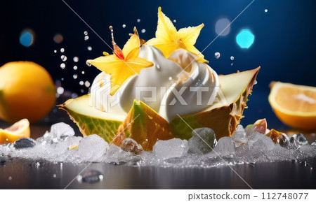 Bowl of ice cream with carambola, lemons garnish on top. For online cooking tutorials, food delivery apps, virtual cooking classes, digital restaurant menus, various contexts such as food blog,bunner 112748077
