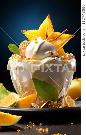 Dessert with star of carambola on top, bunch of fruit on side. For online cooking tutorials, food delivery apps, virtual cooking classes, digital restaurant menus, various contexts such as food blogs. 112748090
