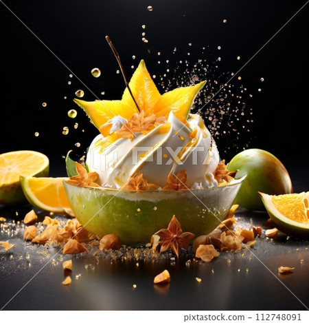 Dessert of ice cream with star shaped carambola garnish is made of crushed almonds, orange slices. For summer dessert, unique culinary presentation, digital restaurant menus, food delivery apps. 112748091