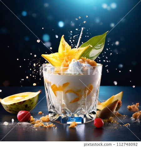 Delectable dessert with star-shaped of carambola design in center. For various contexts such as food blogs, restaurant menus, social media posts promoting desserts, food delivery apps, bunner. Delectable dessert with star-shaped of carambola design in center. For various contexts such as food blogs, restaurant menus, social media posts promoting desserts, food delivery apps, bunner. 112748092