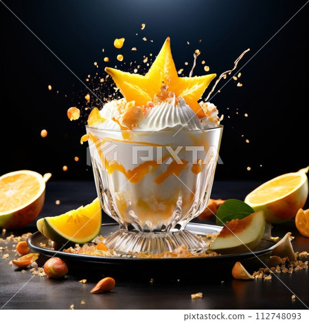 Delicious bowl of ice cream resting on wooden table. For various contexts such as food blogs, restaurant menus, social media posts promoting desserts, food delivery apps, bunner. Delicious bowl of ice cream resting on wooden table. For various contexts such as food blogs, restaurant menus, social media posts promoting desserts, food delivery apps, bunner. 112748093