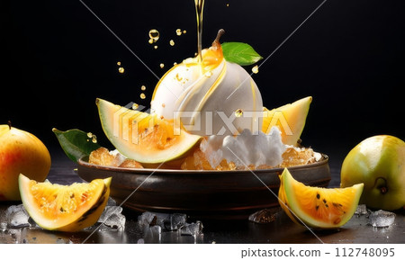 Dessert with star of carambola on top, bunch of fruit on side. For online cooking tutorials, food delivery apps, virtual cooking classes, digital restaurant menus, various contexts such as food blogs. Dessert with star of carambola on top, bunch of fruit on side. For online cooking tutorials, food delivery apps, virtual cooking classes, digital restaurant menus, various contexts such as food blogs. 112748095