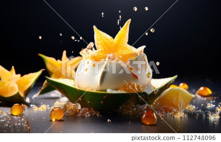 Dessert of ice cream with star shaped carambola garnish is made of crushed almonds, orange slices. For summer dessert, unique culinary presentation, digital restaurant menus, food delivery apps. 112748096