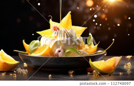 Delectable dessert with star-shaped of carambola design in center. For various contexts such as food blogs, restaurant menus, social media posts promoting desserts, food delivery apps, bunner. Delectable dessert with star-shaped of carambola design in center. For various contexts such as food blogs, restaurant menus, social media posts promoting desserts, food delivery apps, bunner. 112748097