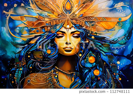 Mystical painting of woman with flowing blue hair, standing gracefully under serene moonlit sky. For visual element in design project, printed on various merchandise like notebook, postcard, wall art Mystical painting of woman with flowing blue hair, standing gracefully under serene moonlit sky. For visual element in design project, printed on various merchandise like notebook, postcard, wall art 112748111