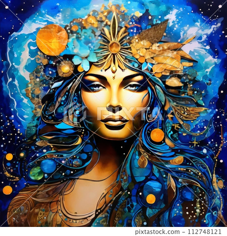 Captivating painting of woman with flowing long hair, striking blue eyes. For online art platforms, interior design inspirations, even in promotional materials for floral arrangements,beauty products Captivating painting of woman with flowing long hair, striking blue eyes. For online art platforms, interior design inspirations, even in promotional materials for floral arrangements,beauty products 112748121