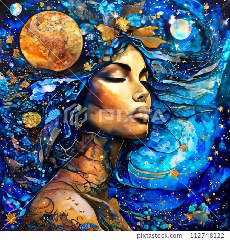 Mystical painting of woman with flowing blue hair, standing gracefully under serene moonlit sky. For visual element in design project, printed on various merchandise like notebook, postcard, wall art 112748122