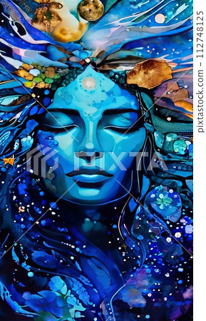 Mystical painting of woman with flowing blue hair, standing gracefully under serene moonlit sky. For visual element in design project, printed on various merchandise like notebook, postcard, wall art Mystical painting of woman with flowing blue hair, standing gracefully under serene moonlit sky. For visual element in design project, printed on various merchandise like notebook, postcard, wall art 112748125