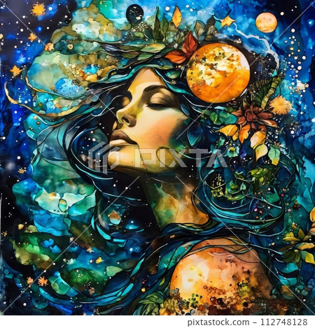 Mesmerizing watercolor painting capturing delicate features of womans face, showcasing blend of soft hues, intricate details. For floral design showcases, decorative piece in botanical themed space. Mesmerizing watercolor painting capturing delicate features of womans face, showcasing blend of soft hues, intricate details. For floral design showcases, decorative piece in botanical themed space. 112748128