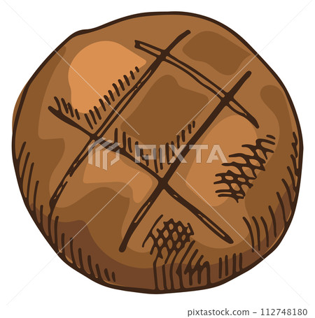 Round bread loaf drawing. Rye bun sketch 112748180