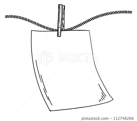 Paper note hanging on clothespin rope. Hand drawn template Paper note hanging on clothespin rope. Hand drawn template 112748266