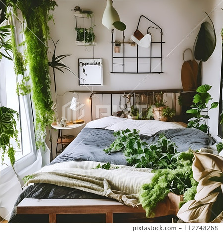 Interior of modern bedroom with green plants and cozy bedding. Interior of modern bedroom with green plants and cozy bedding. 112748268