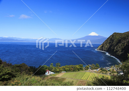 Mt. Fuji (Sparkling Hill) seen from Ida, across the sea and across Suruga Bay Mt. Fuji (Sparkling Hill) seen from Ida, across the sea and across Suruga Bay 112748400