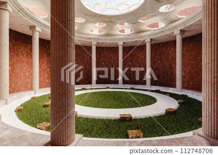 Interior of rotunda with circular room surrounded with columns and green grass during daytime. 3d render 112748706