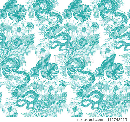 Seamless pattern of asian dragon and flowers. Vector illustration. Suitable for fabric, mural, wrapping paper and the like Seamless pattern of asian dragon and flowers. Vector illustration. Suitable for fabric, mural, wrapping paper and the like 112748915