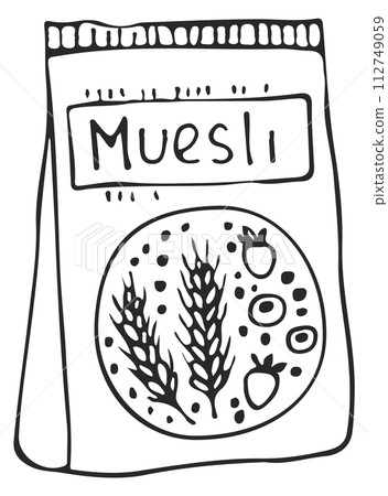 Muesli paper bag doodle. Healthy breakfast sketch Muesli paper bag doodle. Healthy breakfast sketch 112749059