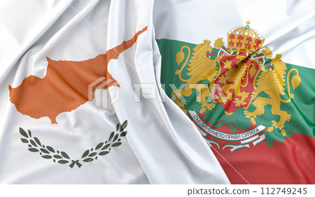 Ruffled Flags of Cyprus and Bulgaria (with coat of arms). 3D Rendering 112749245
