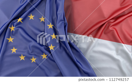 Ruffled Flags of European Union and Indonesia. 3D Rendering 112749257