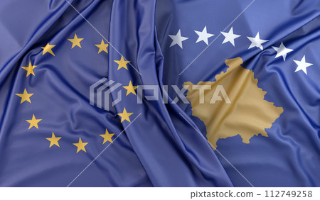 Ruffled Flags of European Union and Kosovo. 3D Rendering Ruffled Flags of European Union and Kosovo. 3D Rendering 112749258