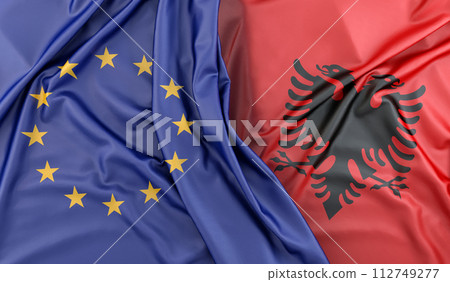 Ruffled Flags of European Union and Albania. 3D Rendering 112749277