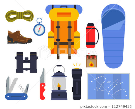 Camping equipment. Tourist outdoor hiking icon set Camping equipment. Tourist outdoor hiking icon set 112749435