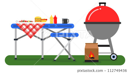 Barbeque grill and table with food. Outdoor scene Barbeque grill and table with food. Outdoor scene 112749436