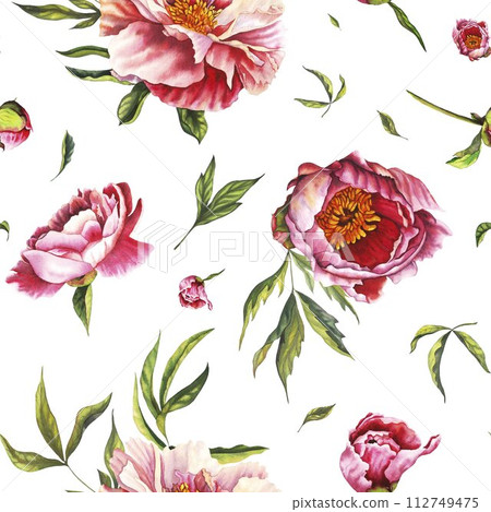 Seamless pattern with pink peony flowers and leaves on white background, watercolor floral pattern, flower rose in pastel color. Design for wallpaper, card, fabric, wrapping paper Seamless pattern with pink peony flowers and leaves on white background, watercolor floral pattern, flower rose in pastel color. Design for wallpaper, card, fabric, wrapping paper 112749475